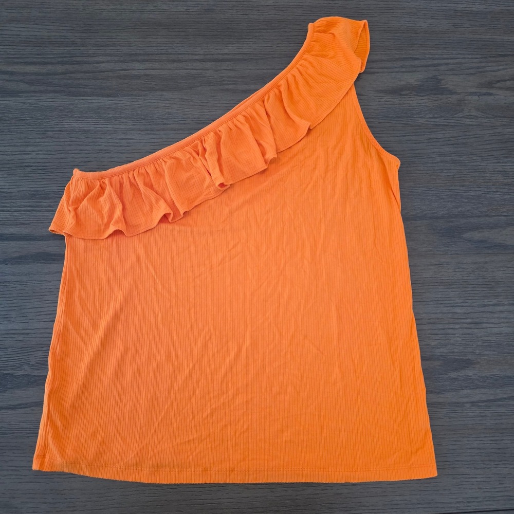 LOFT Orange Ribbed One Shoulder Ruffle Top XXL Sleeveless Knit Tank